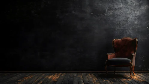 Vintage armchair in dark empty room with wooden floor.