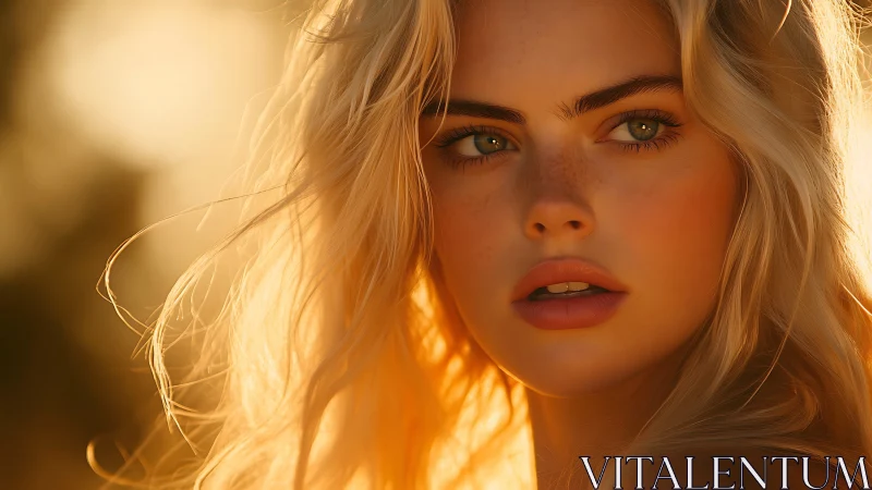 Golden hour portrait of freckled blonde woman in light.