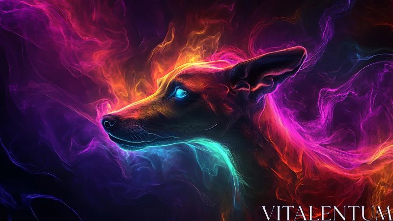 Luminous spirit dog drifting through neon cosmic clouds.