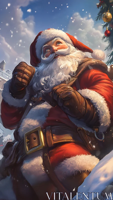 Illustrated Santa Claus stands outdoors in detailed winter scene