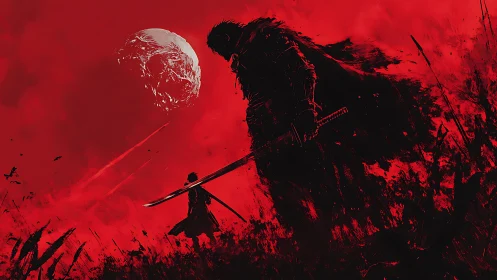 Silhouetted swordsmen confront under red sky and moon