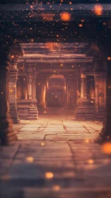 Ancient stone colonnade rendered with warm atmospheric depth