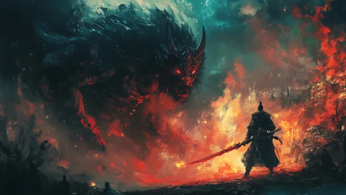 Armored warrior confronts colossal fire demon in inferno.