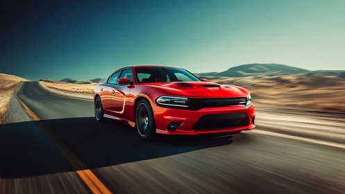 Sunlit red muscle car cruising through open desert highway.