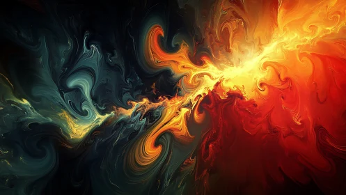 Cosmic fireburst splits swirling teal and crimson void.