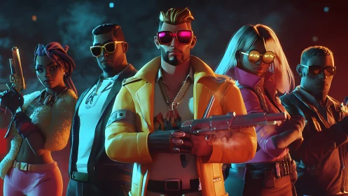Neon-clad vigilante squad strides through electric dusk heat.