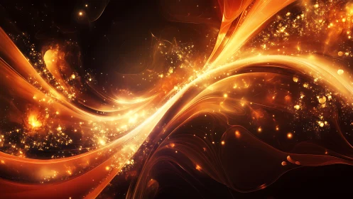 Curved luminous streaks with glowing particles on dark field.