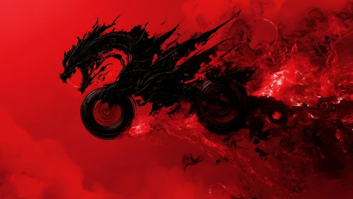 Black dragon motorcycle silhouette on abstract red field.