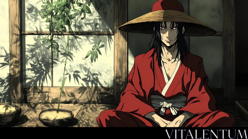 Seated figure in red robe rests before shoji-lit interior wall