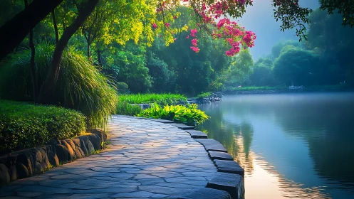 Stone pathway beside reflective lake in dense green park.