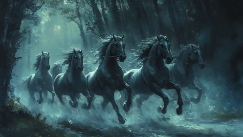 Wild black horses charge through misted forest at dusk