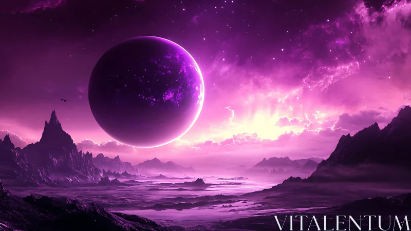 Vibrant violet planet rises over a dreamy alien horizon