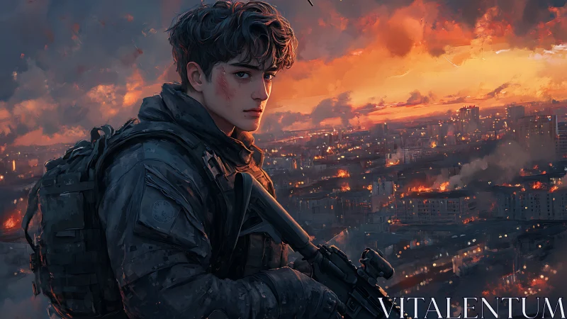 Armed soldier overlooking burning urban landscape at dusk.