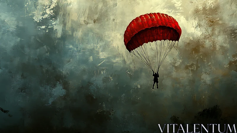 Scarlet parachute drifting through storm-brushed skies.