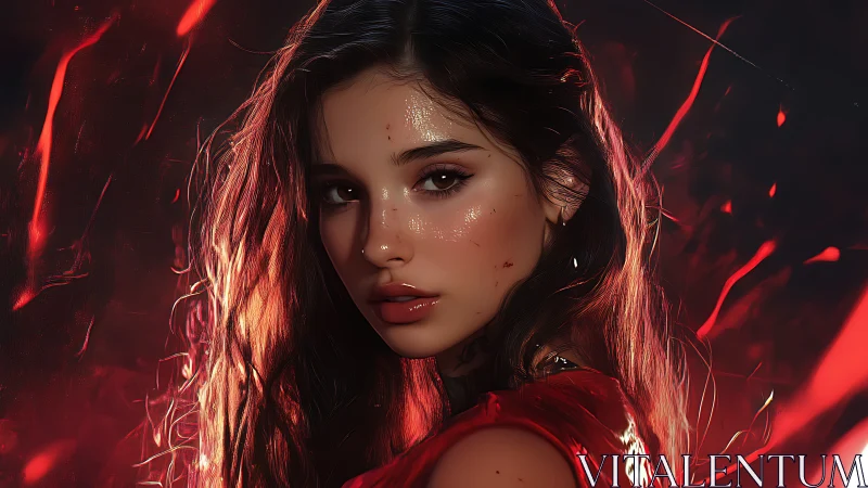 Cinematic digital portrait of woman amid dynamic red embers