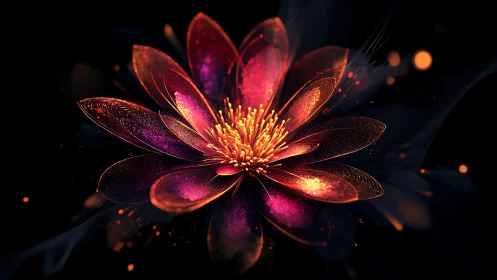 Luminous fractal flower glows in rich amber and magenta light
