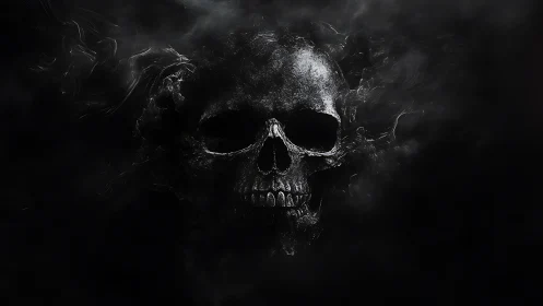 Brooding skull emerges from swirling dark mist with quiet power