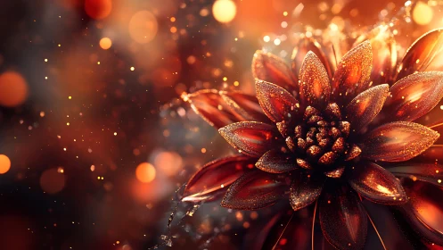Digital macro render shows metallic flower with bokeh field