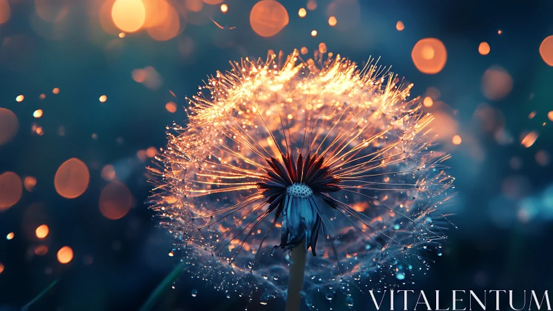 Glowing dandelion clock sparkles gently in a dreamy twilight