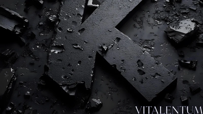 Cracked Black Letter K in Dark Industrial 3D Style.