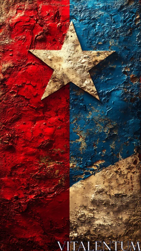 Textured red blue gold star flag in rough relief.