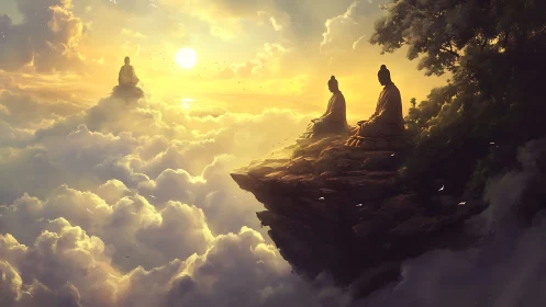 Monastic silhouettes meditate above radiant cloud seas