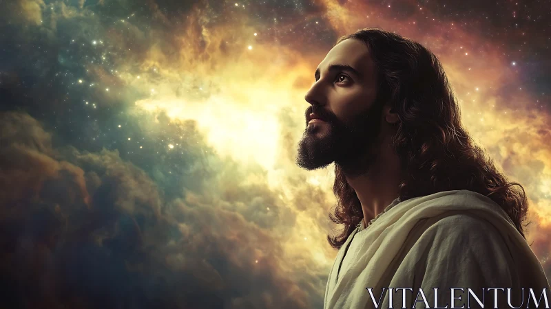 Stargazed prophet bathed in cosmic dawn and drifting light.