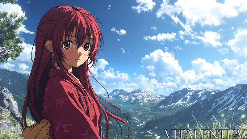 Crimson haired wanderer pauses where sky brushes peaks