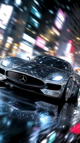Chrome Mercedes sports car racing through neon city street.