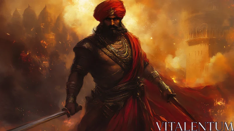 Warrior in red turban amid burning fortified city ruins.