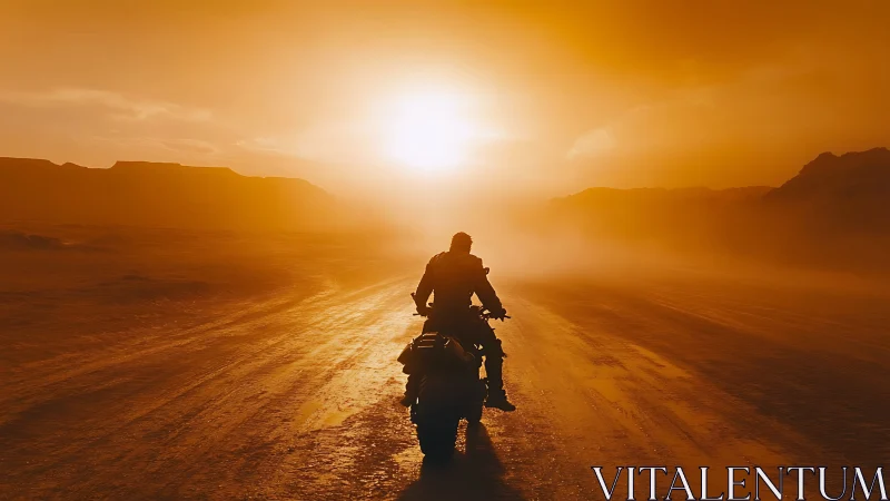 Lone biker crossing sunlit desert road at blazing dusk.