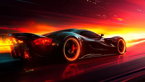 Blazing hypercar slicing through neon sunset speedway.