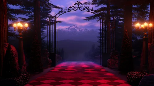 Mountain view through ornate gate over red checkered path.
