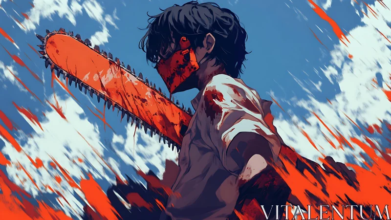 Blood-soaked chainsaw warrior strides beneath burning sky.