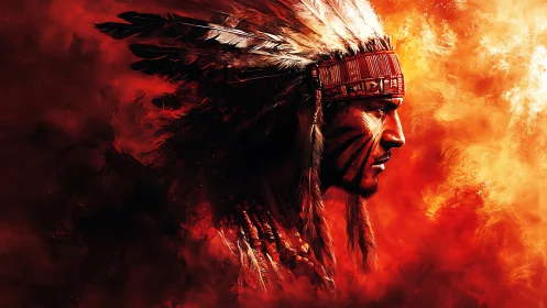 Indigenous warrior profile in flaming red digital portrait.