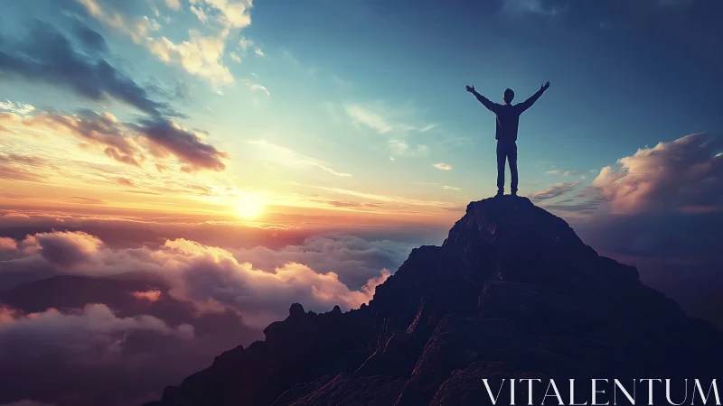 Silhouetted hiker on mountain summit above cloud deck at sunrise