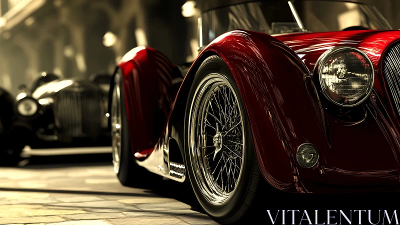 Low-angle close-up studies classic red roadster&rsquo;s chrome geometry