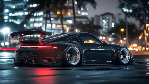 Aerodynamic widebody track coupe under wet neon city lights.