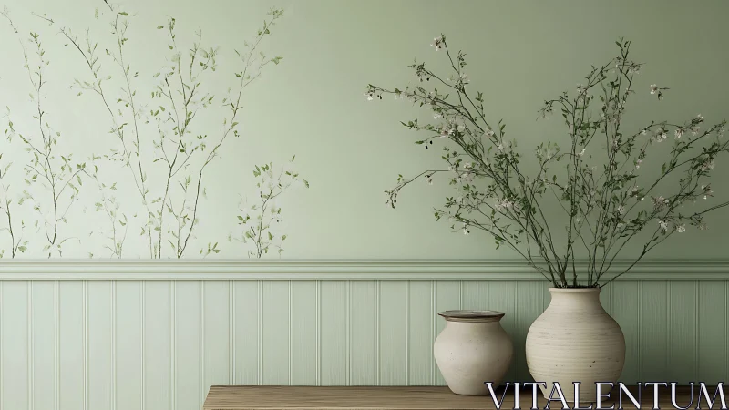 Soft green interior with white pottery and airy blossoms.