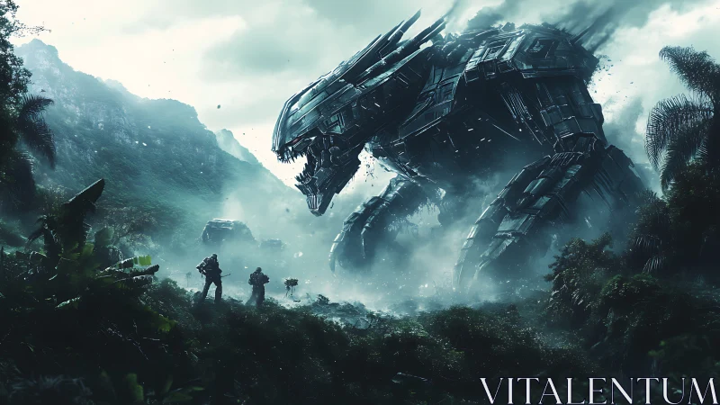Colossal quadruped mech emerging from misty jungle valley