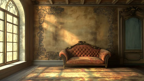 Golden afternoon light warms an elegant vintage sofa