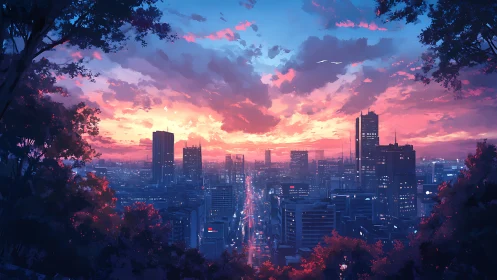 City skyline at dusk viewed from hillside with vivid sky.