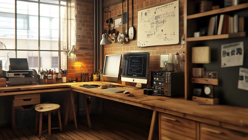Warm brick loft studio frames dual-screen creative workspace.