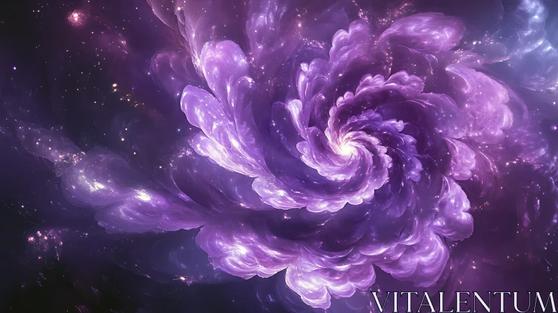 Spiraling violet nebula blooms in soft cosmic light.