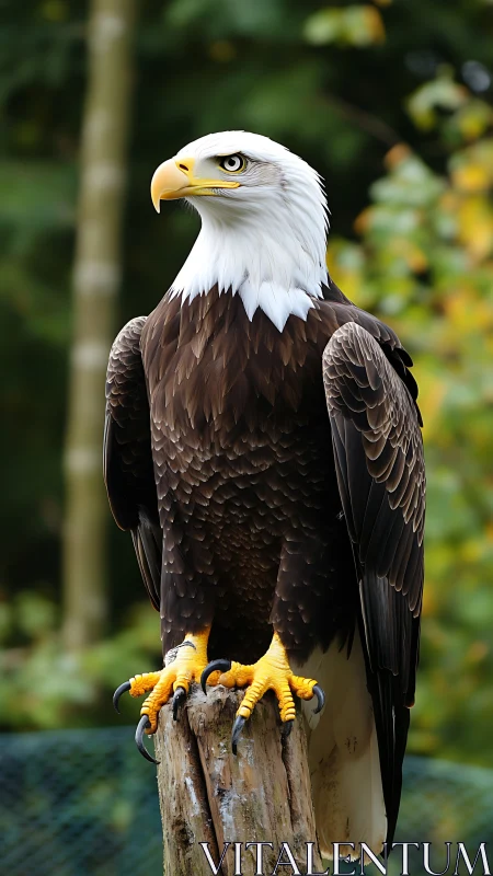 Regal bald eagle stands alert against soft forest backdrop