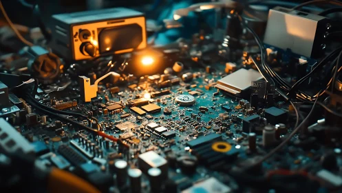 Illuminated circuit board under repair in cluttered lab