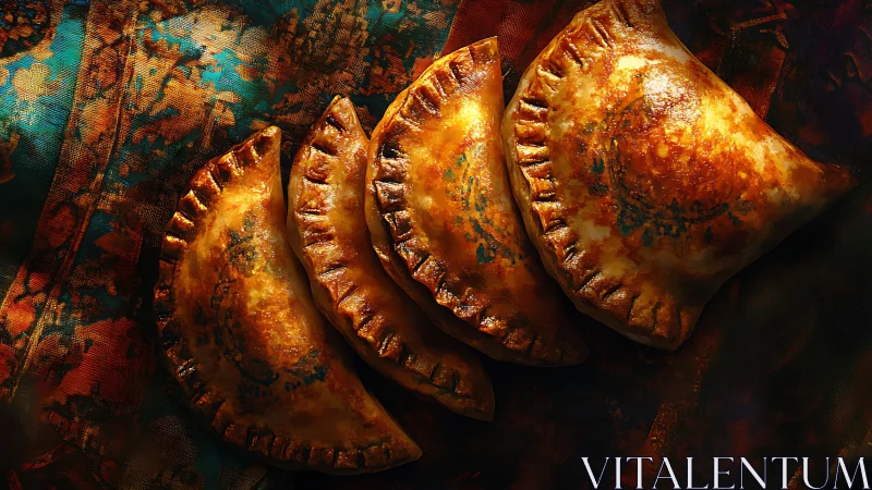 Golden Baked Empanadas on Patterned Cloth.