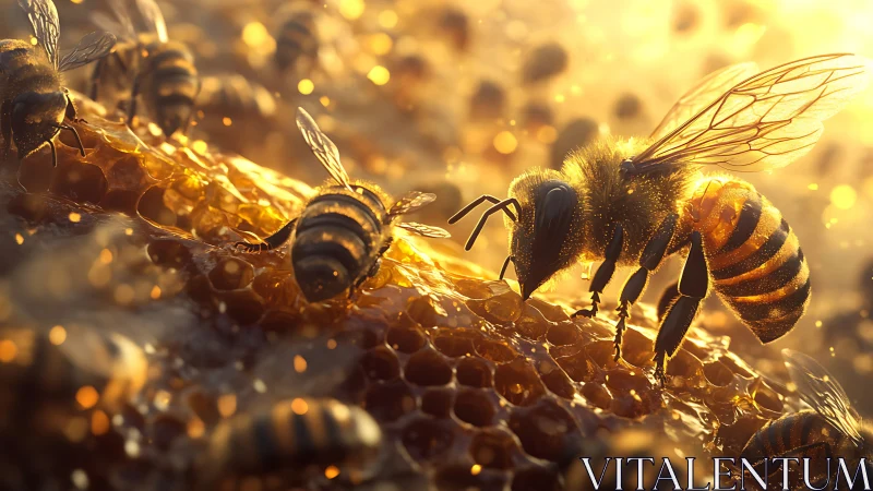 Macro 3D study of honeybees foraging on sunlit comb surface.