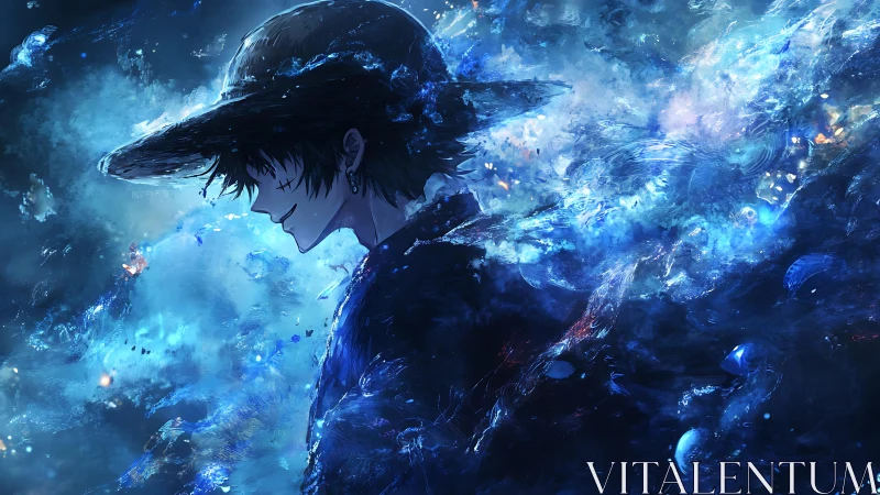 Shadowed wanderer within swirling cosmic ocean currents.