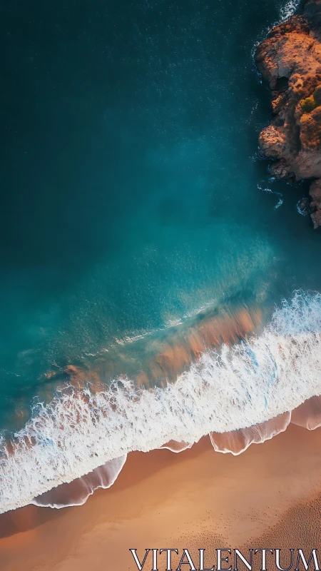 Vertical aerial photograph shows shoreline, surf and rocky cliff